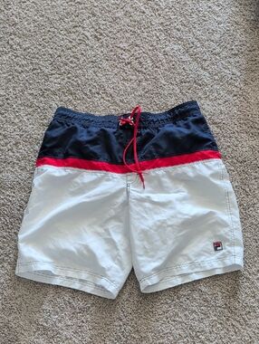 Fila Navy, Red & White Colorblock Swim Trunks Size L